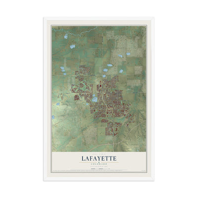 Map of Lafayette, Colorado, 12 x 18 inch print in a white wood frame