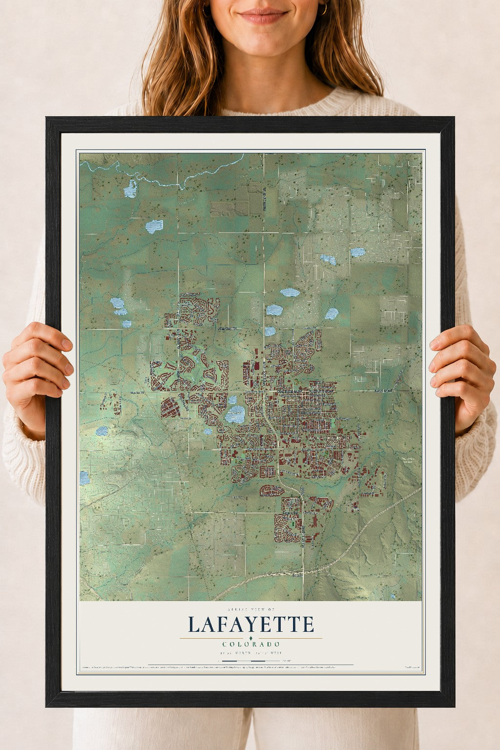 Map of Lafayette, Colorado, 18 x 24 inch print in a black wood frame
