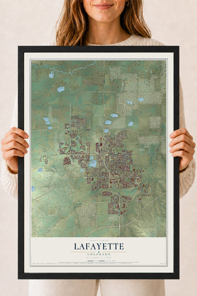 Map of Lafayette, Colorado, 18 x 24 inch print in a black wood frame