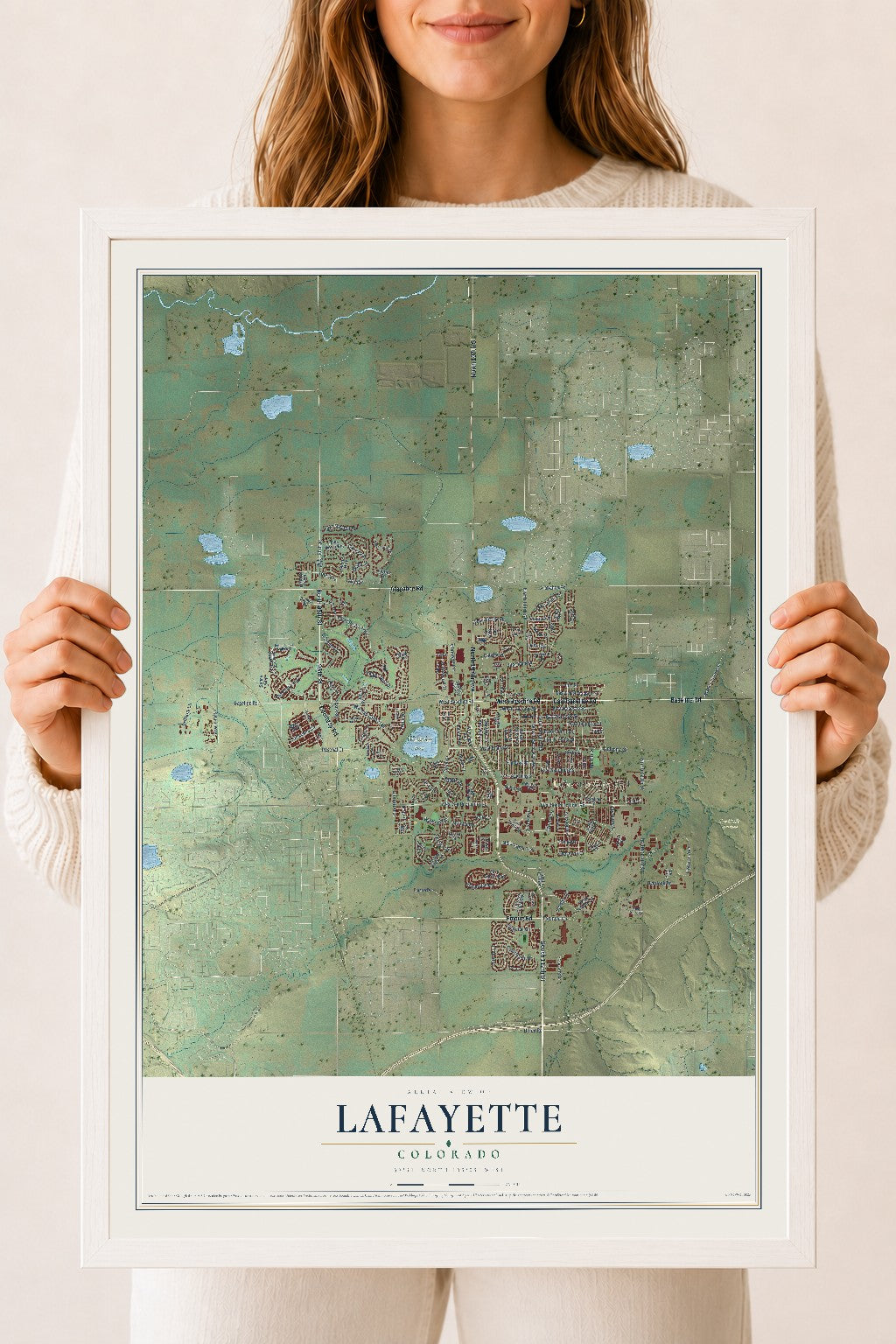 Map of Lafayette, Colorado, 18 x 24 inch print in a white wood frame