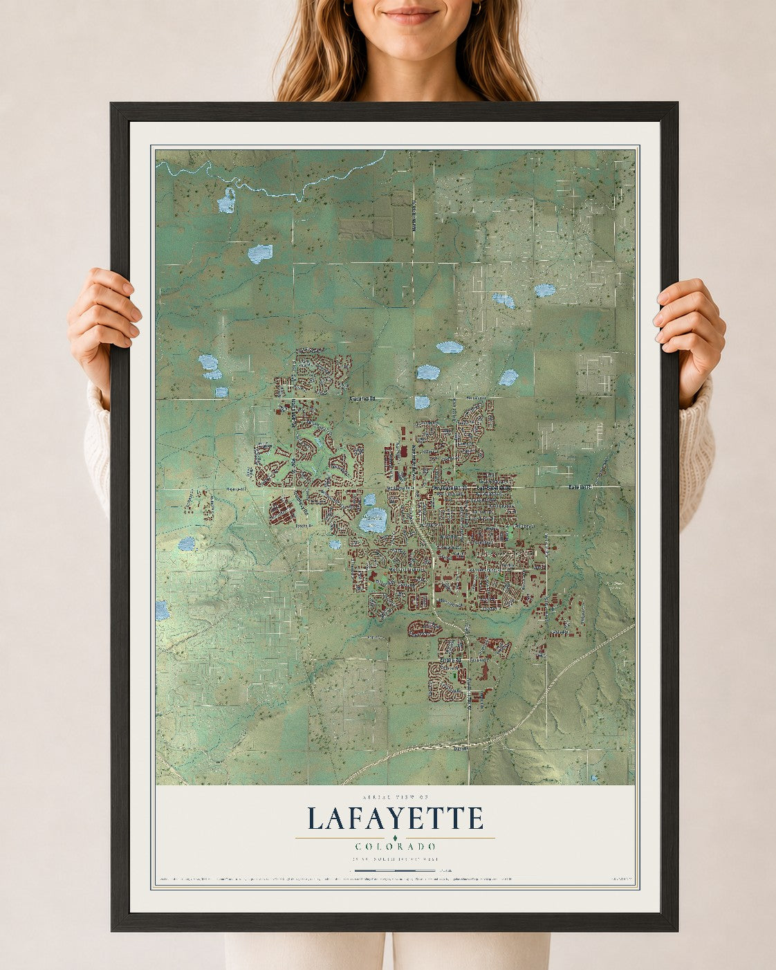 Map of Lafayette, Colorado, 24 x 36 inch print in a black wood frame