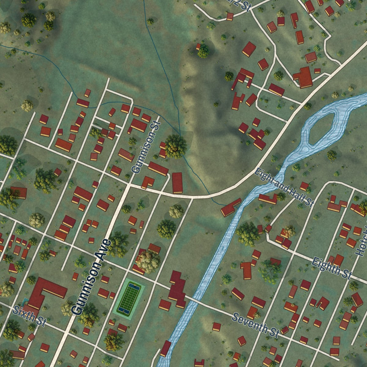 Second close-up of the map of Lake City, Colorado print showing more streets and buildings