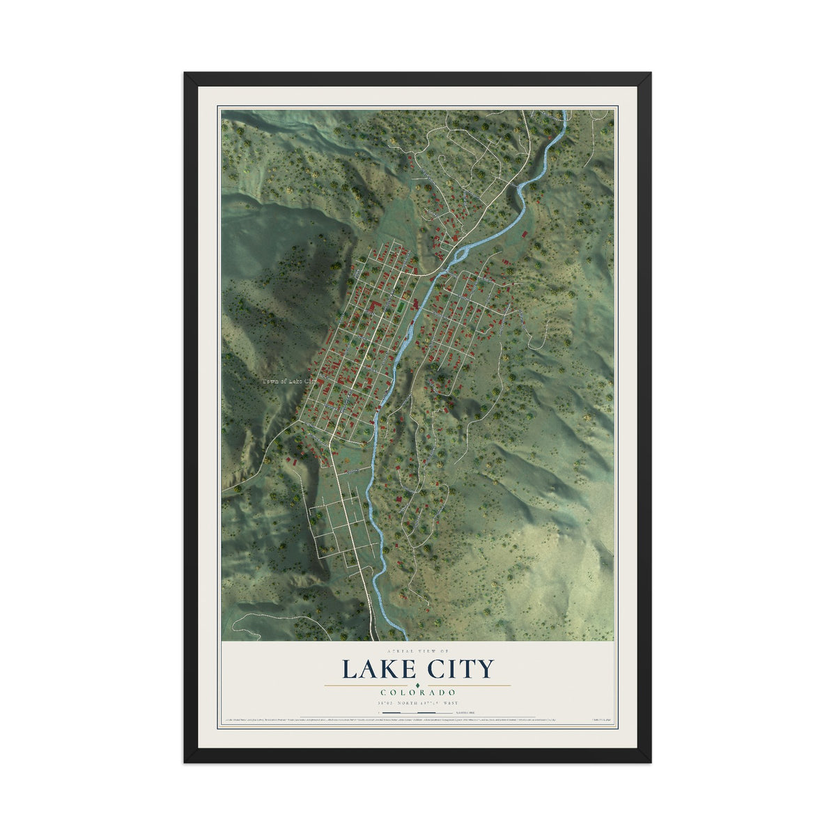 Map of Lake City, Colorado, 12 x 18 inch print in a black wood frame
