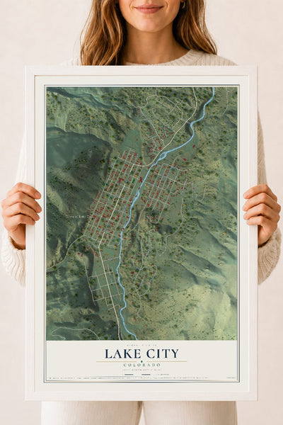 Map of Lake City, Colorado, 18 x 24 inch print in a white wood frame