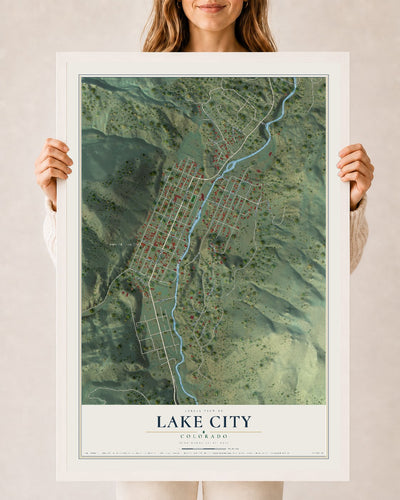Map of Lake City, Colorado, 24 x 36 inch print in a white wood frame