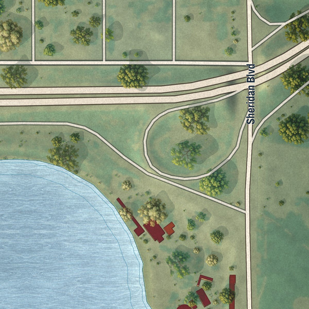 Second close-up of the map of Lakeside, Colorado print showing more streets and buildings