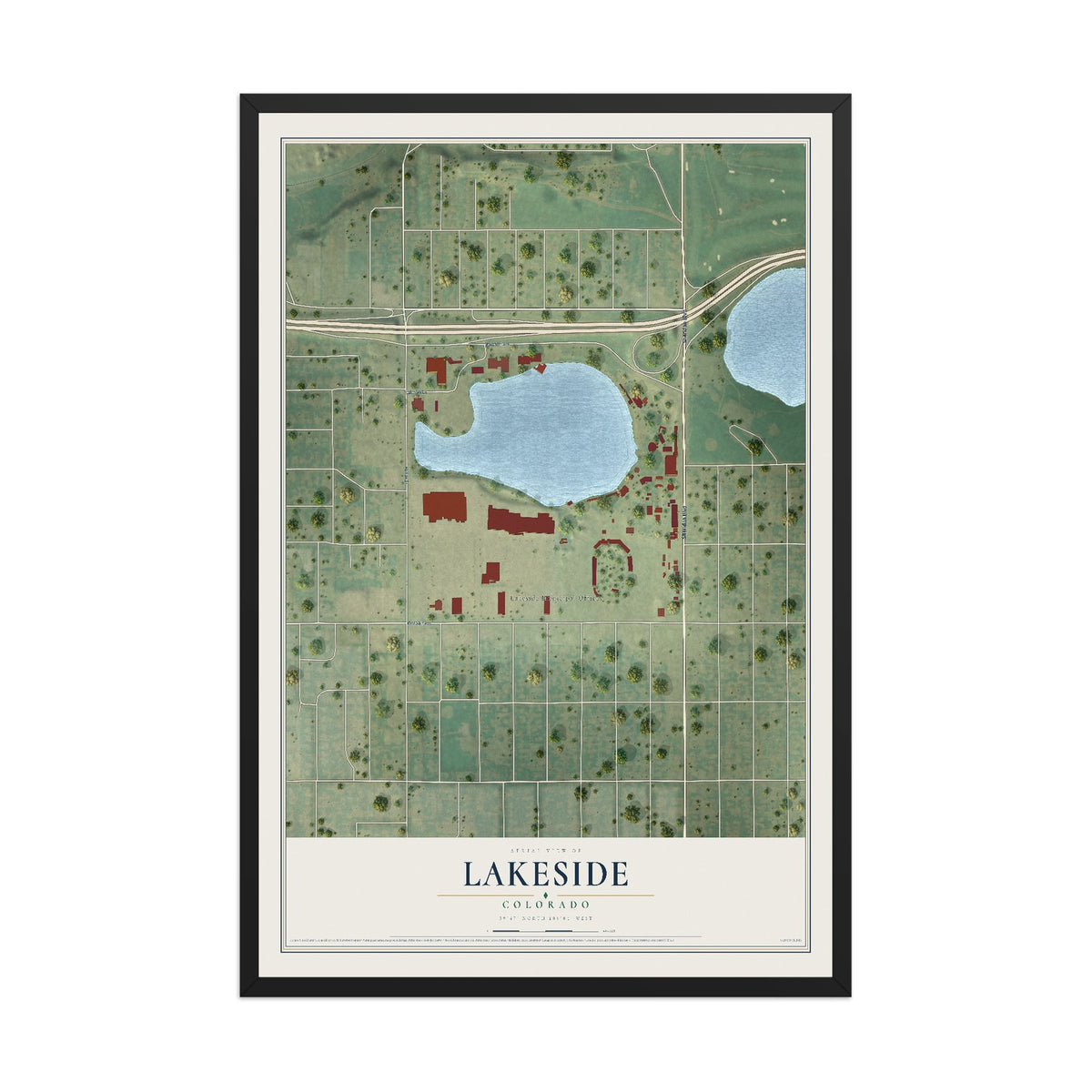 Map of Lakeside, Colorado, 12 x 18 inch print in a black wood frame