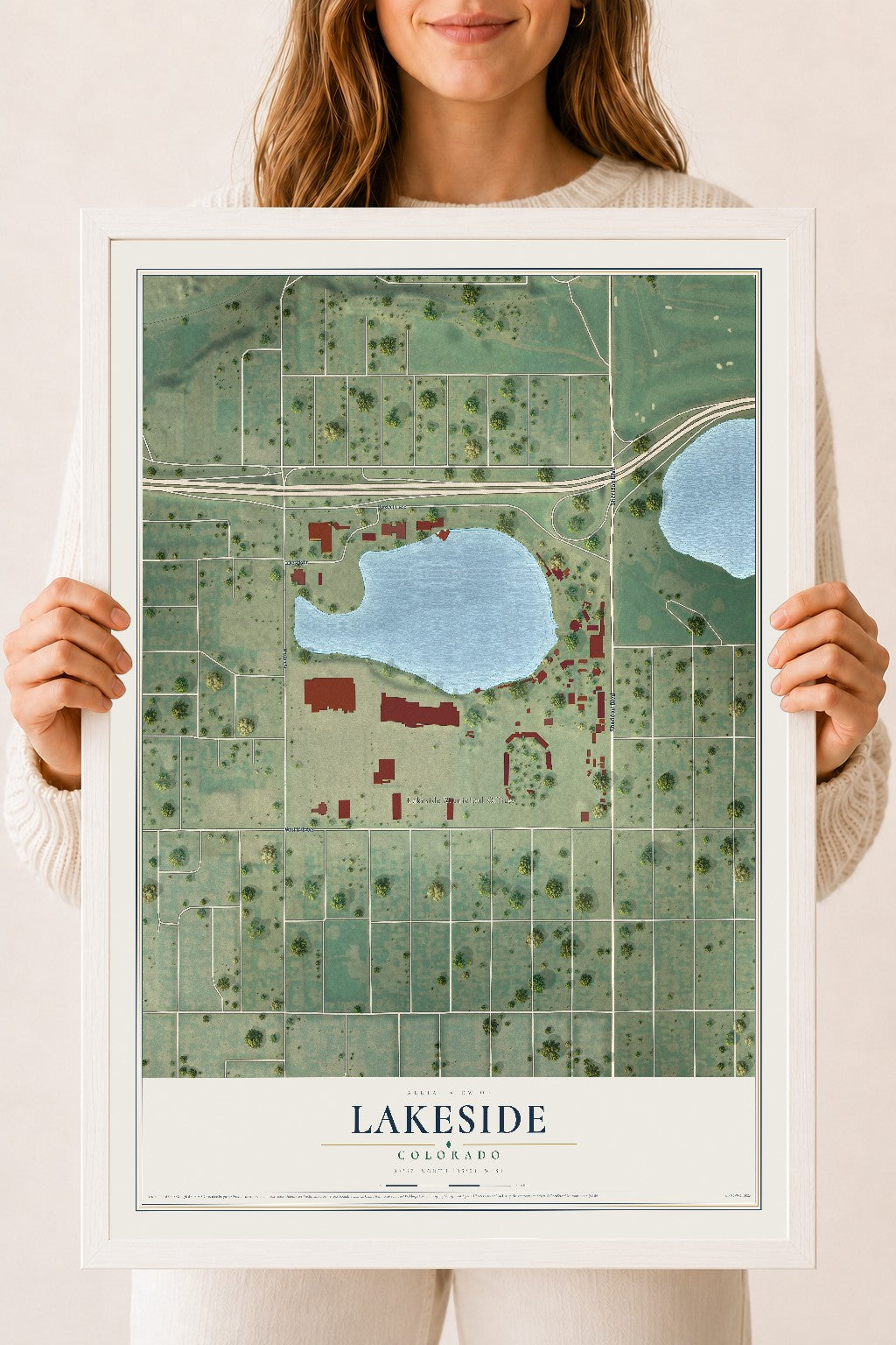 Map of Lakeside, Colorado, 18 x 24 inch print in a white wood frame