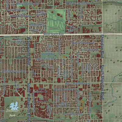 Second close-up of the map of Lakewood, Colorado print showing more streets and buildings