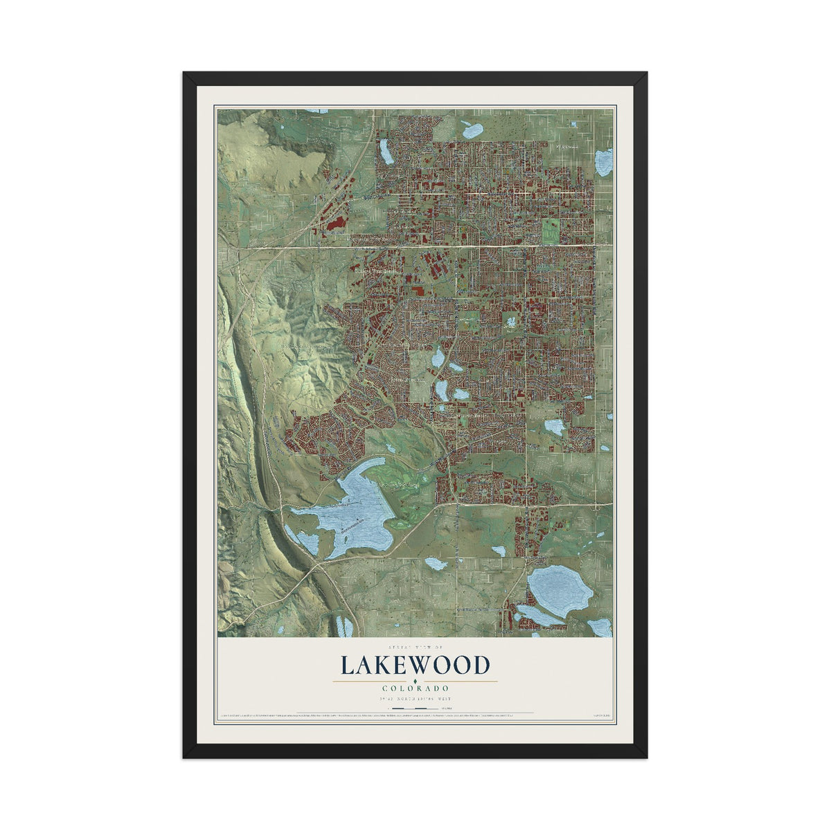 Map of Lakewood, Colorado, 12 x 18 inch print in a black wood frame