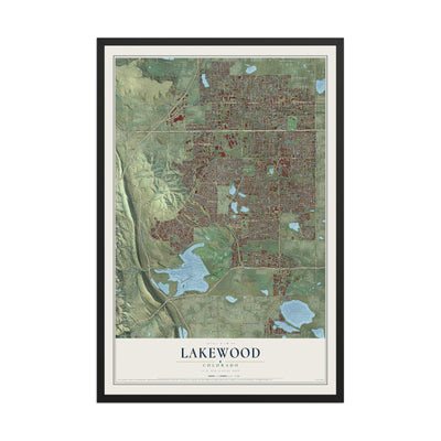 Map of Lakewood, Colorado, 12 x 18 inch print in a black wood frame