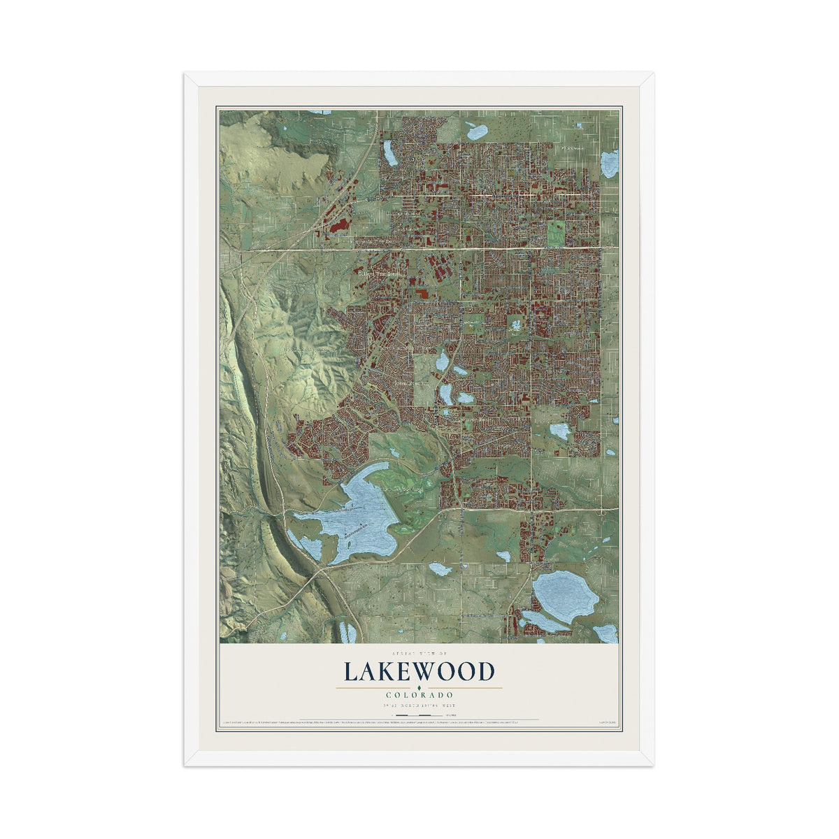 Map of Lakewood, Colorado, 12 x 18 inch print in a white wood frame