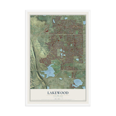 Map of Lakewood, Colorado, 12 x 18 inch print in a white wood frame
