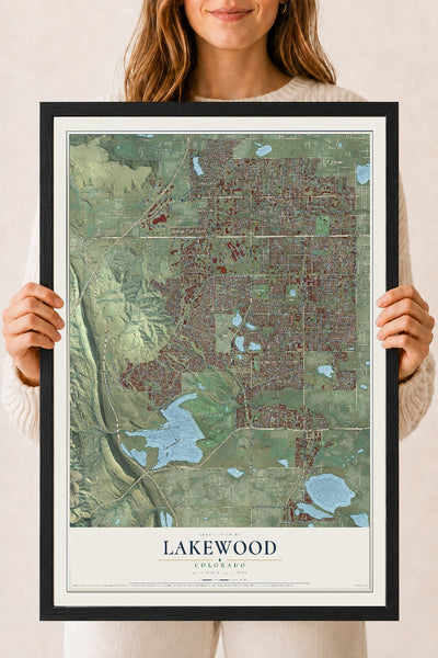 Map of Lakewood, Colorado, 18 x 24 inch print in a black wood frame
