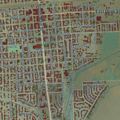 Close-up of the map of Lamar, Colorado print showing street and building detail