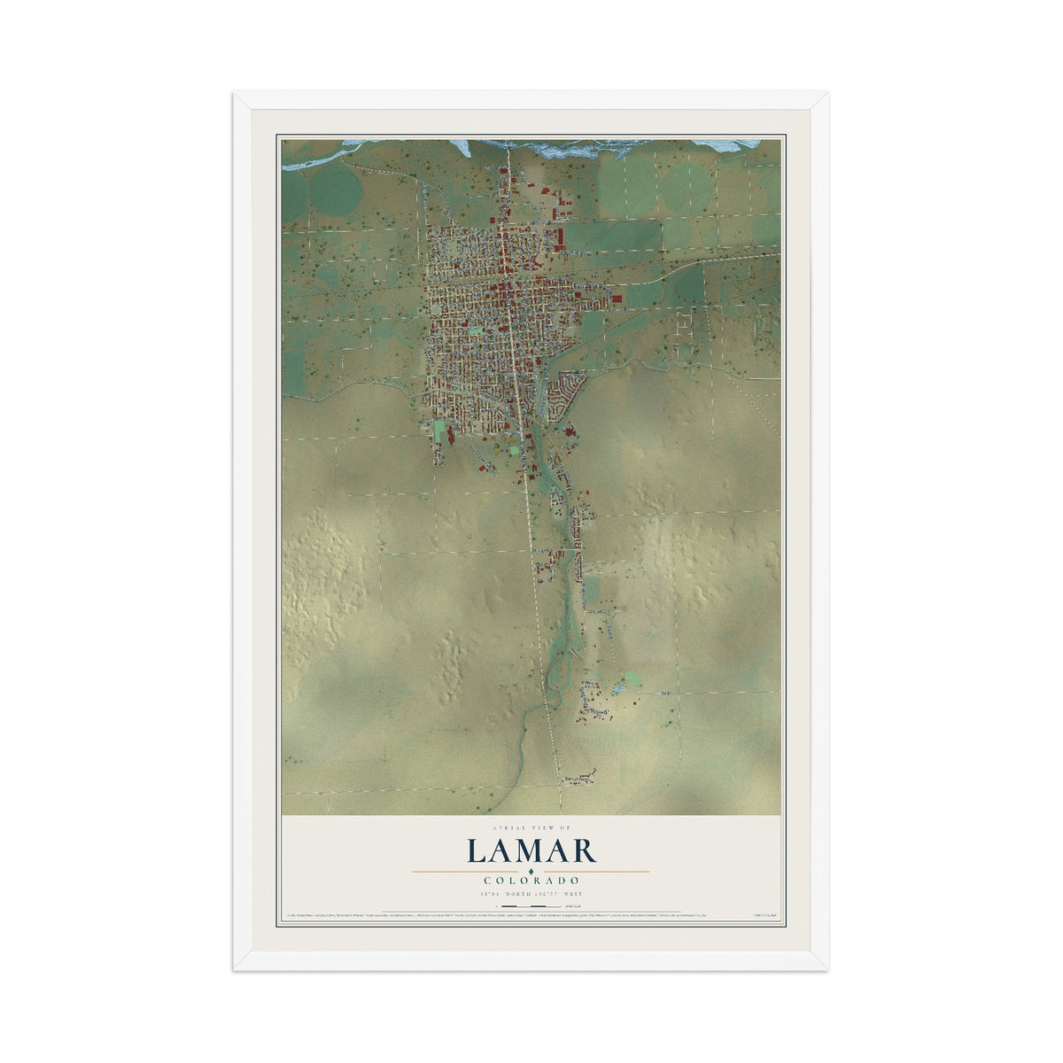 Map of Lamar, Colorado, 12 x 18 inch print in a white wood frame