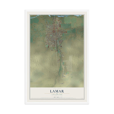 Map of Lamar, Colorado, 12 x 18 inch print in a white wood frame