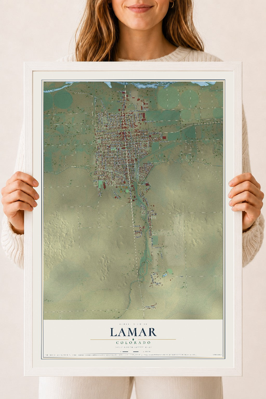 Map of Lamar, Colorado, 18 x 24 inch print in a white wood frame