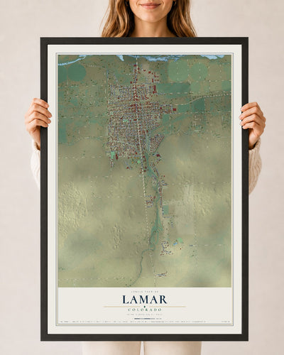 Map of Lamar, Colorado, 24 x 36 inch print in a black wood frame