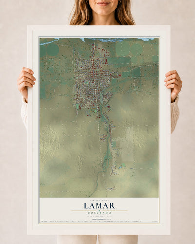 Map of Lamar, Colorado, 24 x 36 inch print in a white wood frame