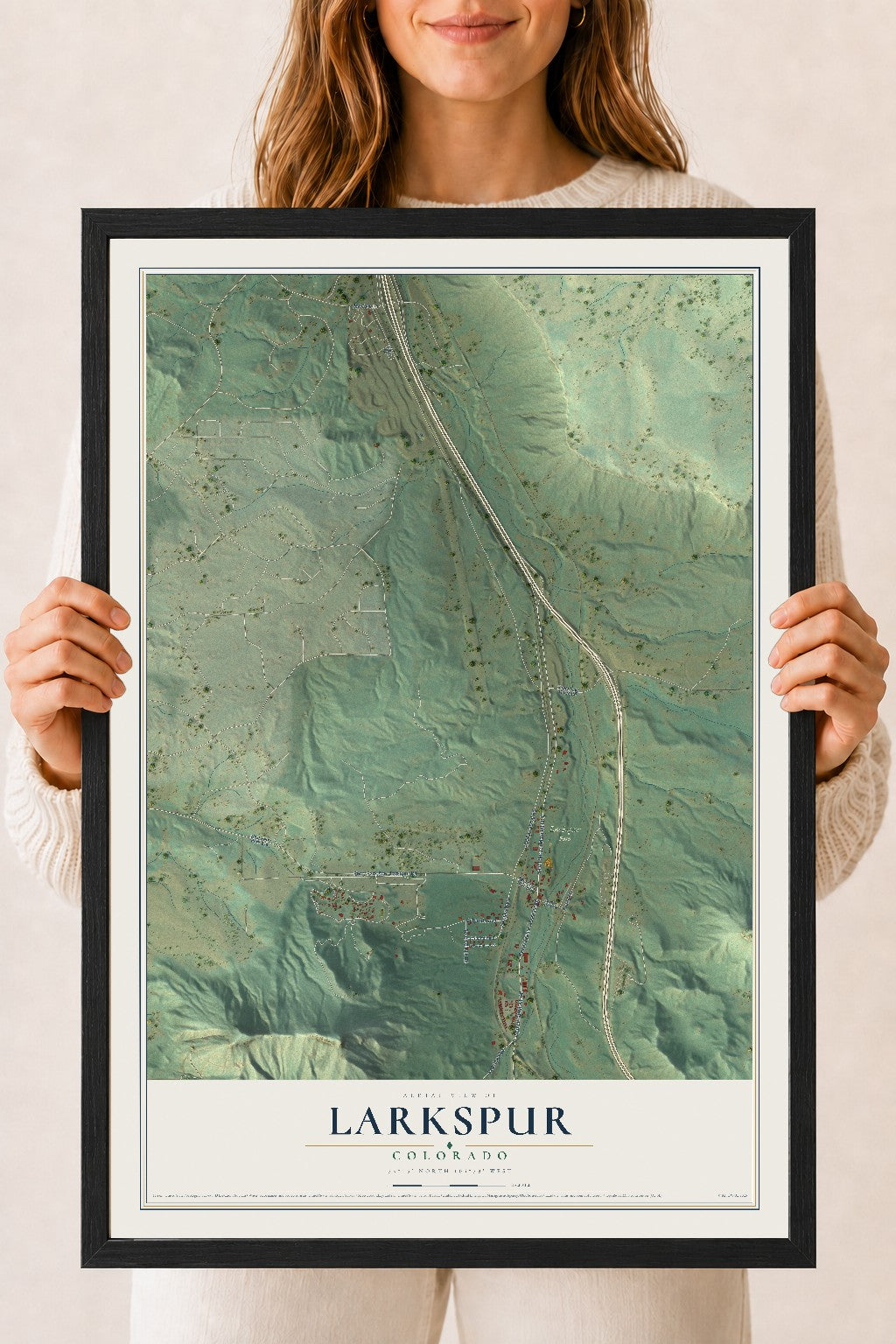 Map of Larkspur, Colorado, 18 x 24 inch print in a black wood frame