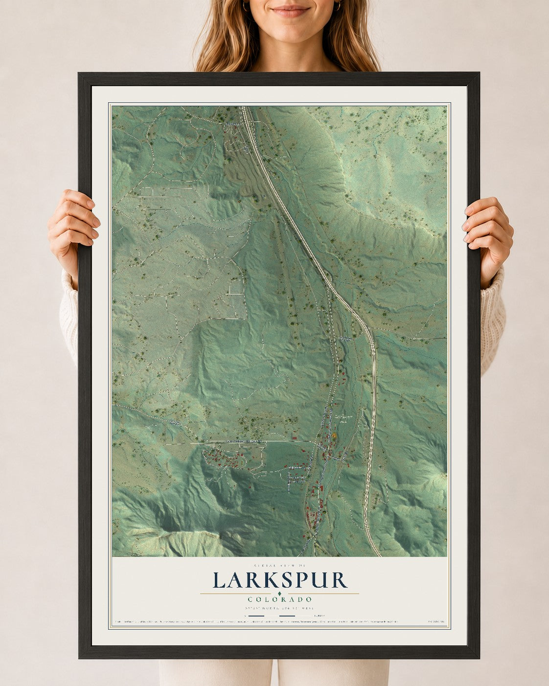 Map of Larkspur, Colorado, 24 x 36 inch print in a black wood frame