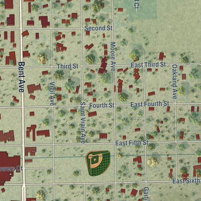 Second close-up of the map of Las Animas, Colorado print showing more streets and buildings
