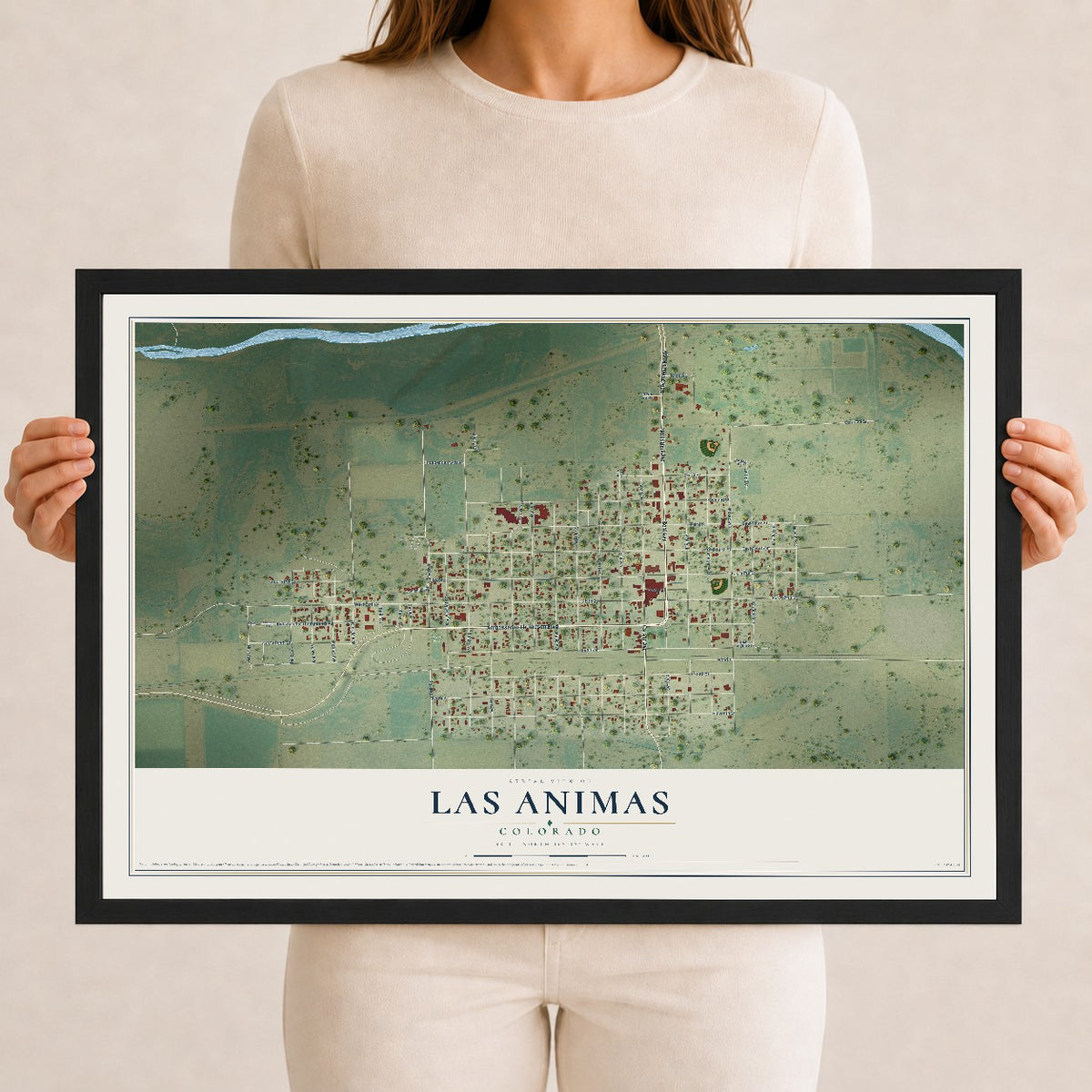 Map of Las Animas, Colorado, 12 x 18 inch print in a black wood frame