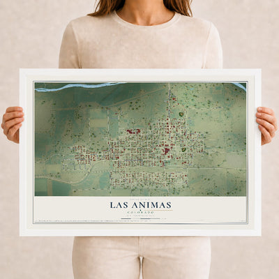 Map of Las Animas, Colorado, 12 x 18 inch print in a white wood frame