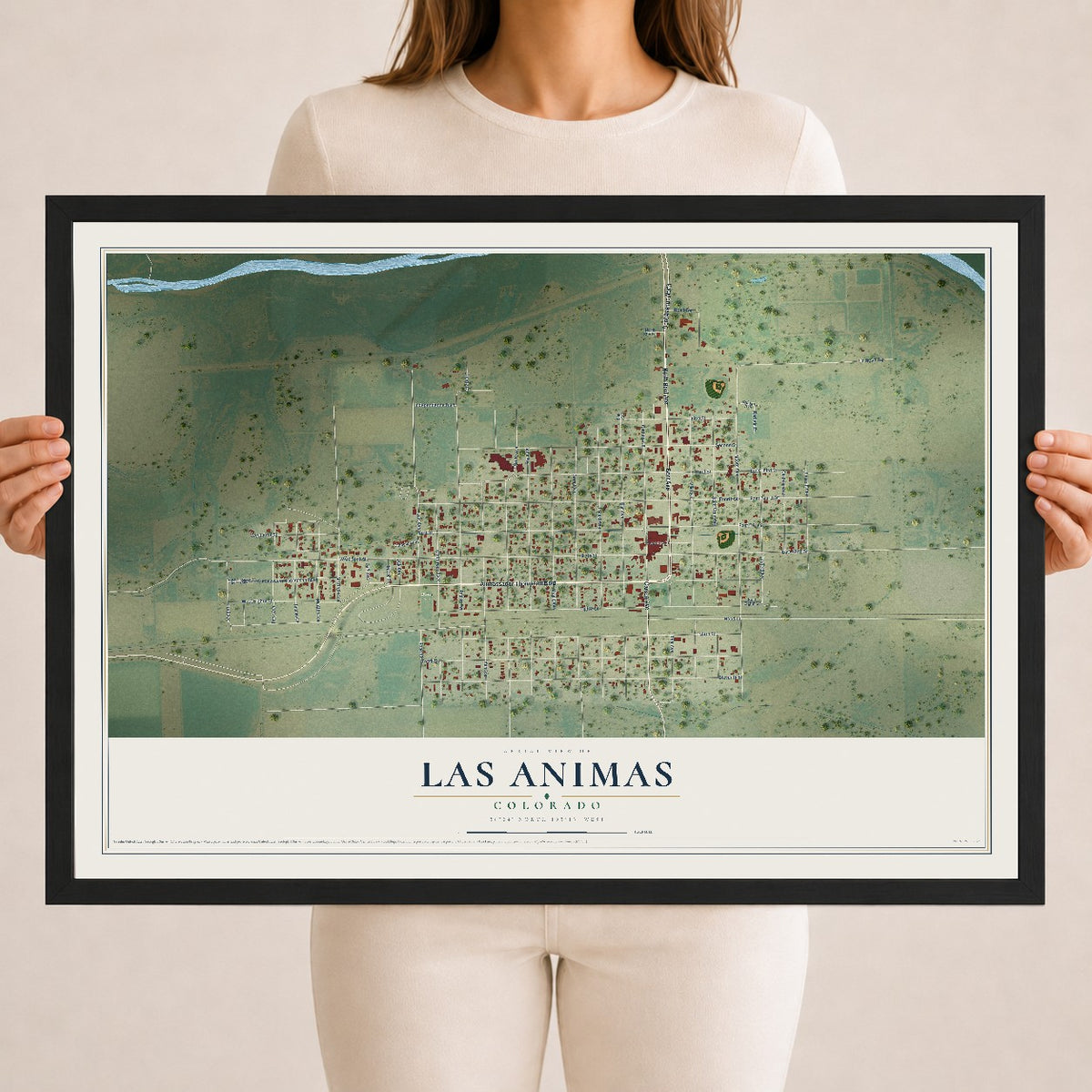 Map of Las Animas, Colorado, 18 x 24 inch print in a black wood frame