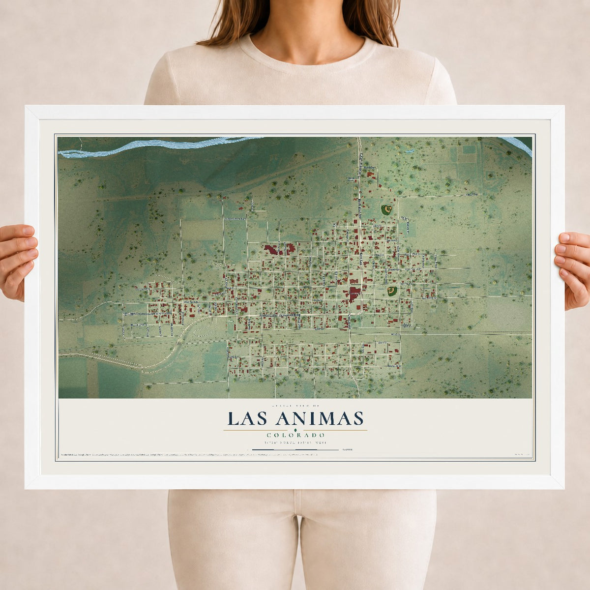 Map of Las Animas, Colorado, 18 x 24 inch print in a white wood frame