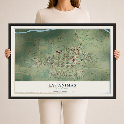Map of Las Animas, Colorado, 24 x 36 inch print in a black wood frame