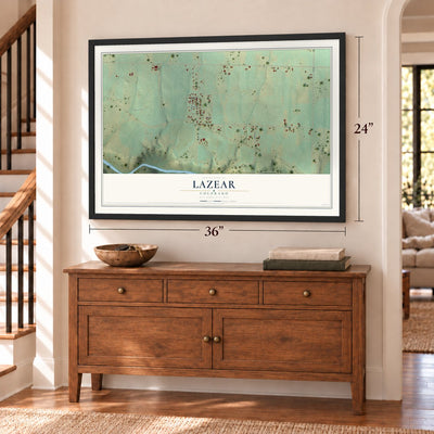 Lazear, Colorado map, 24 x 36 inch print in a black frame above a dresser by a staircase