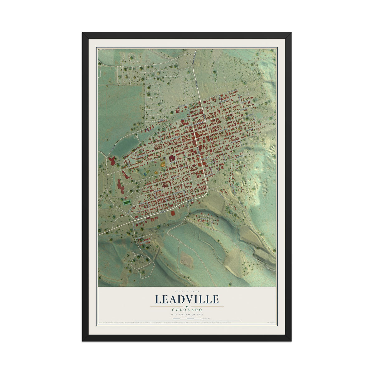 Map of Leadville, Colorado, 12 x 18 inch print in a black wood frame