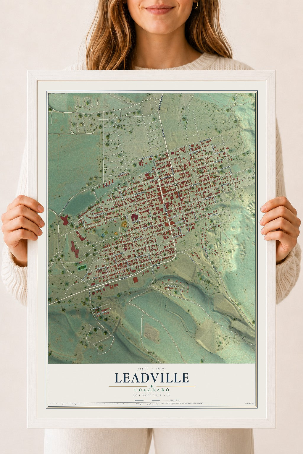 Map of Leadville, Colorado, 18 x 24 inch print in a white wood frame