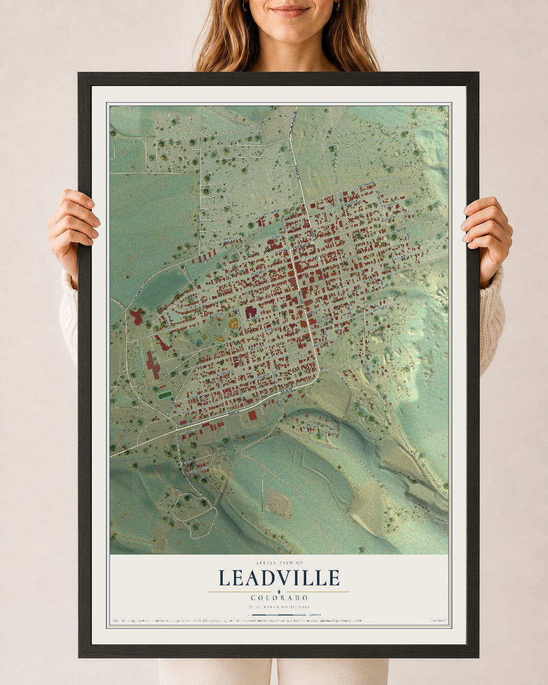 Map of Leadville, Colorado, 24 x 36 inch print in a black wood frame