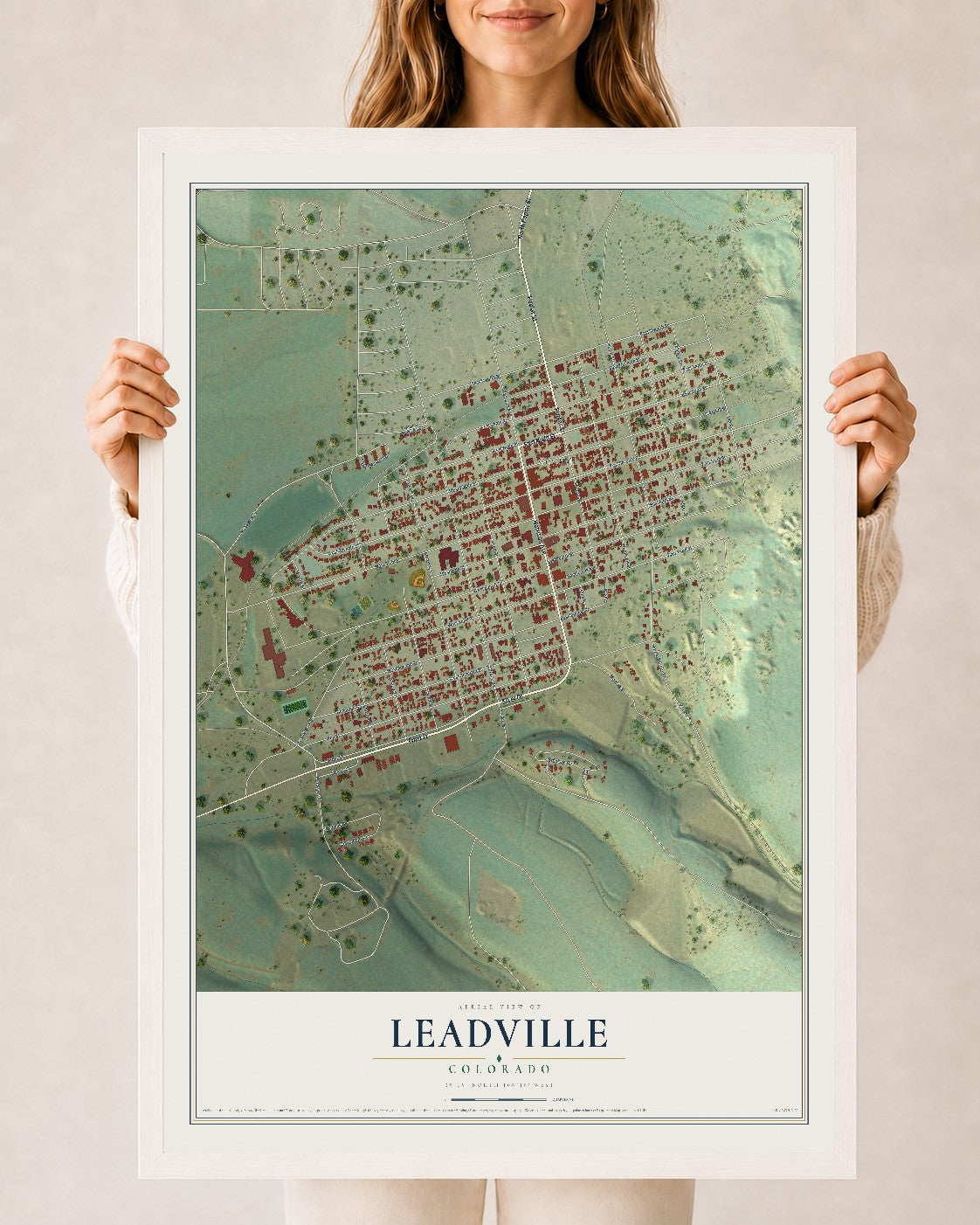 Map of Leadville, Colorado, 24 x 36 inch print in a white wood frame