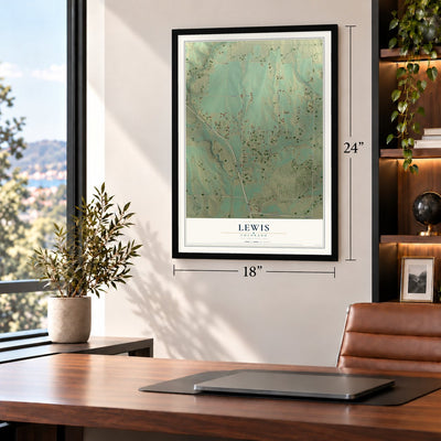 Lewis, Colorado map, 18 x 24 inch print in a black frame in a home office