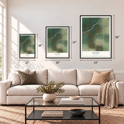 Leyner, Colorado map in 12 x 18, 18 x 24 and 24 x 36 inch sizes above a sofa
