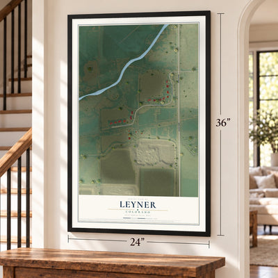 Leyner, Colorado map, 24 x 36 inch print in a black frame by a staircase