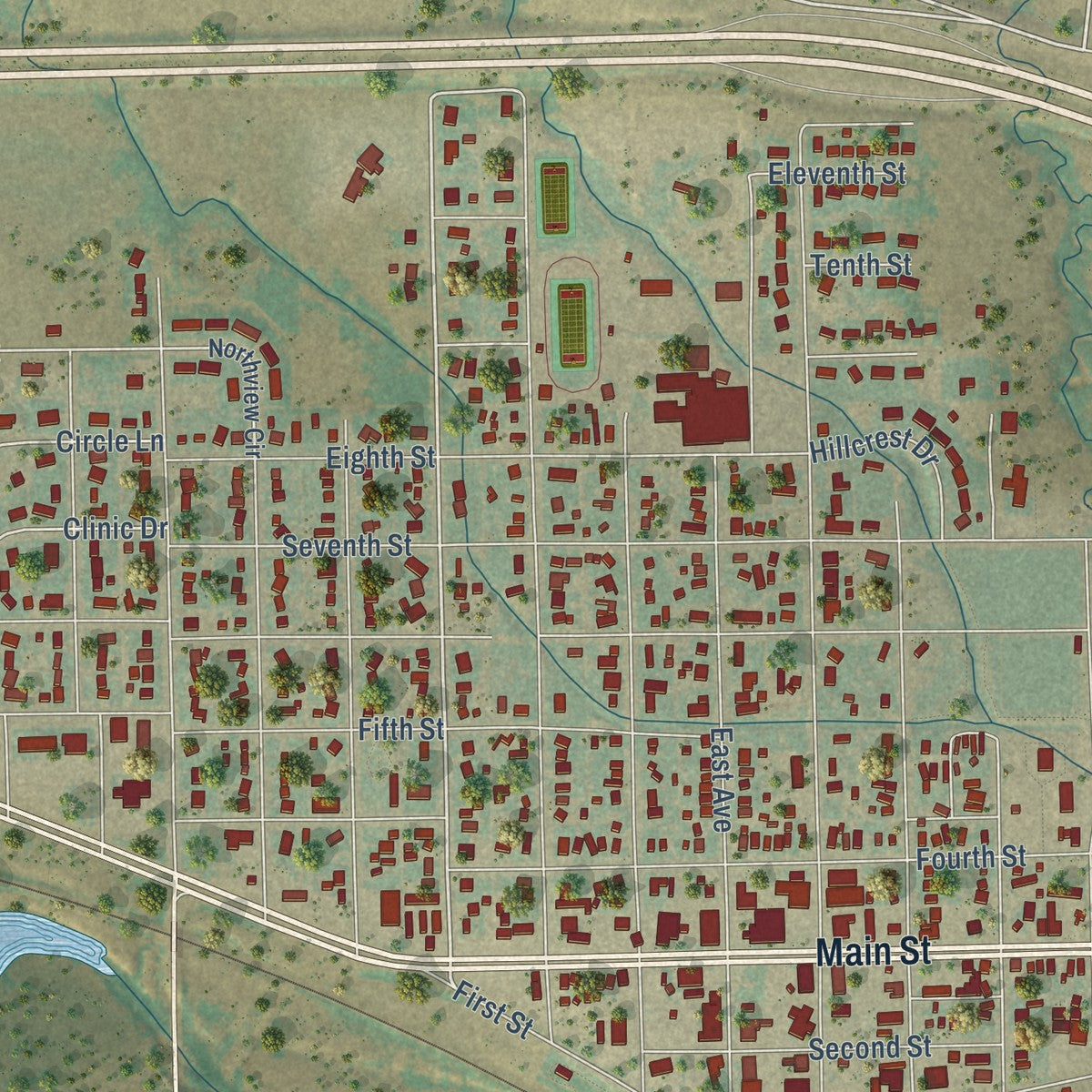 Close-up of the map of Limon, Colorado print showing street and building detail