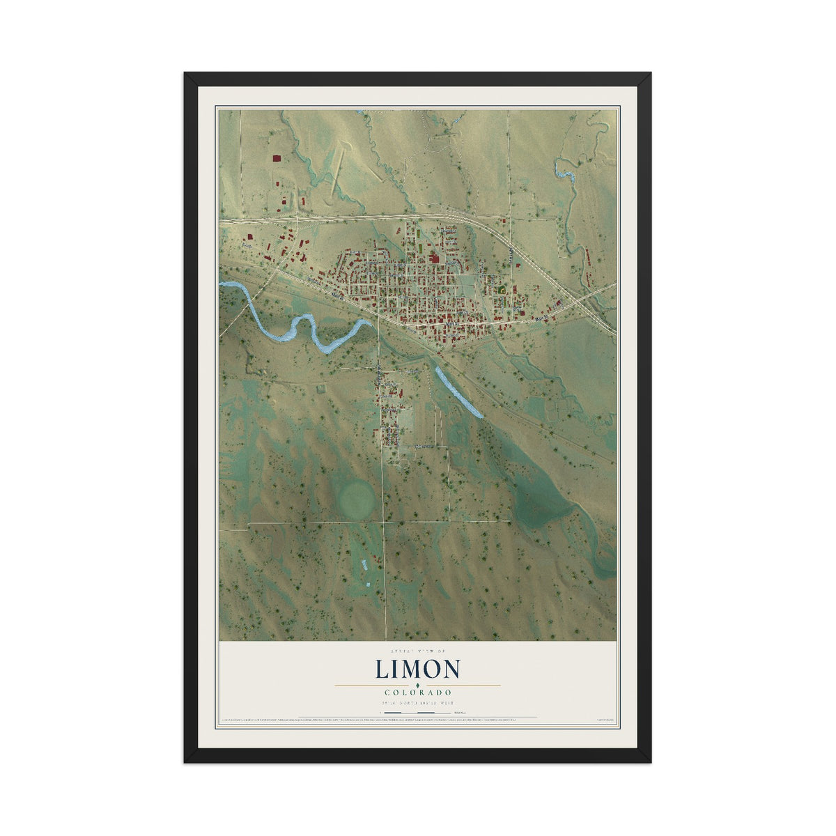 Map of Limon, Colorado, 12 x 18 inch print in a black wood frame