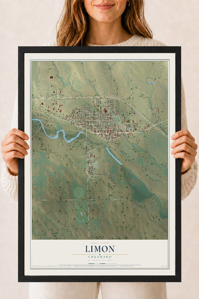 Map of Limon, Colorado, 18 x 24 inch print in a black wood frame
