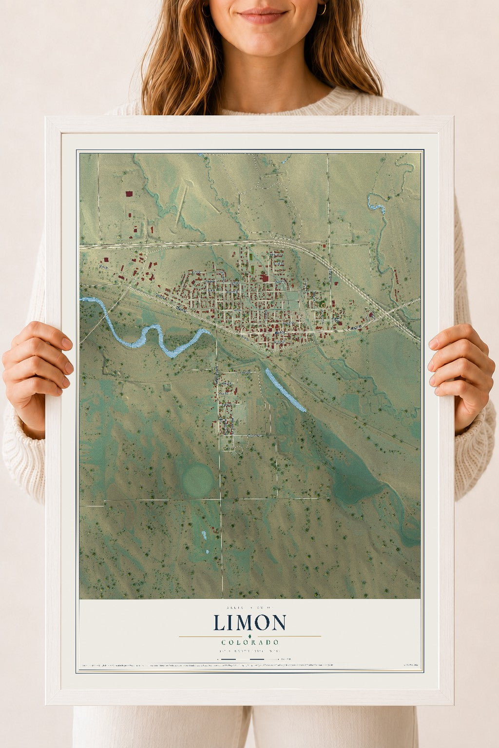 Map of Limon, Colorado, 18 x 24 inch print in a white wood frame