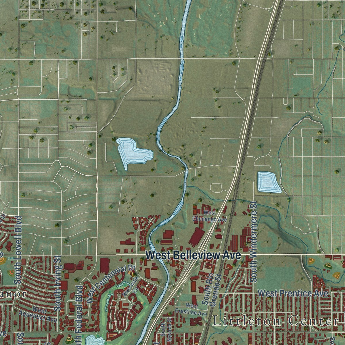Second close-up of the map of Littleton, Colorado print showing more streets and buildings