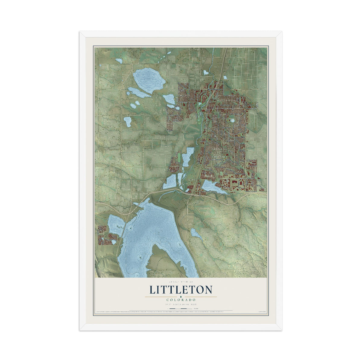 Map of Littleton, Colorado, 12 x 18 inch print in a white wood frame