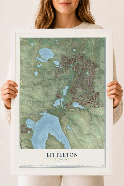 Map of Littleton, Colorado, 18 x 24 inch print in a white wood frame