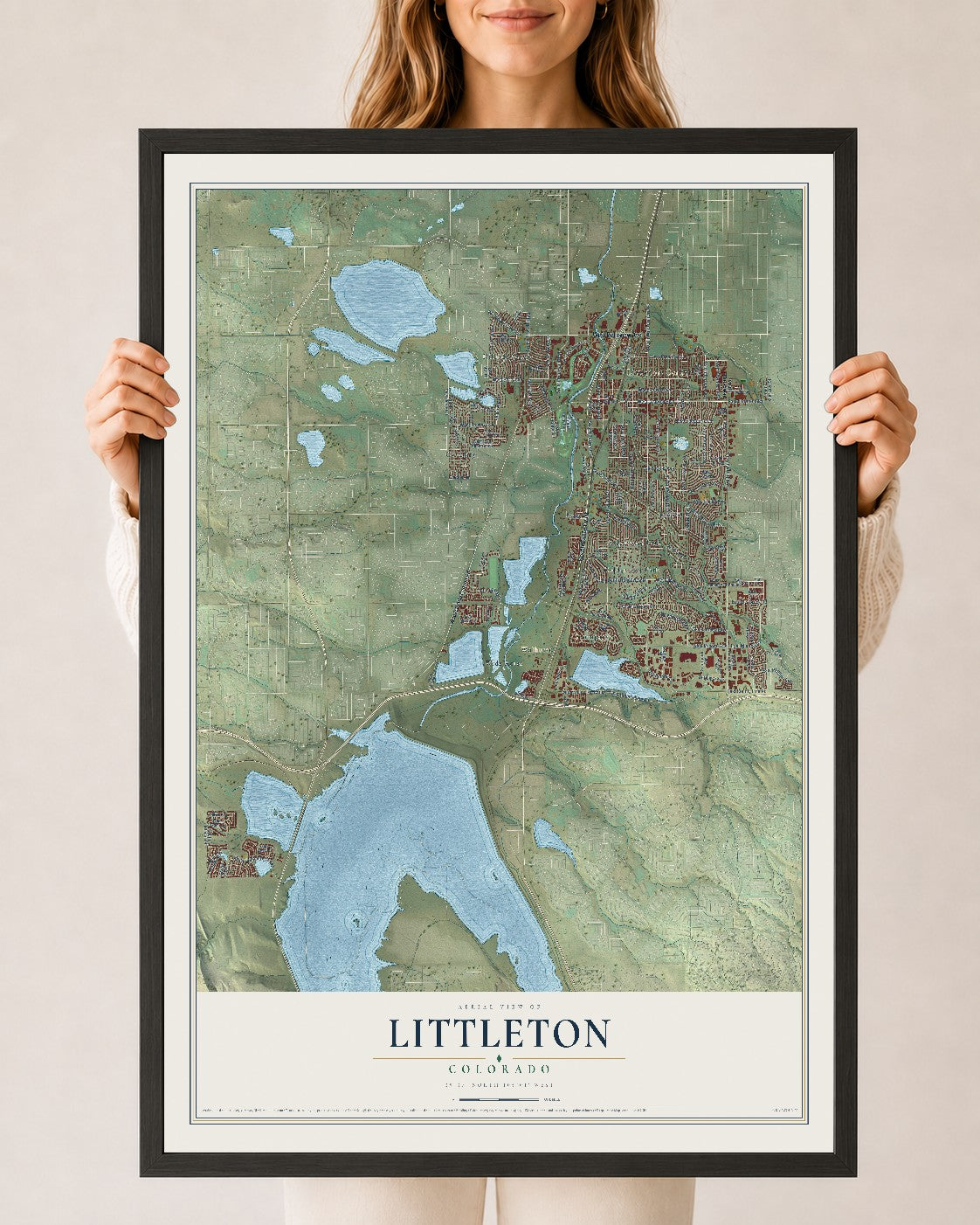 Map of Littleton, Colorado, 24 x 36 inch print in a black wood frame