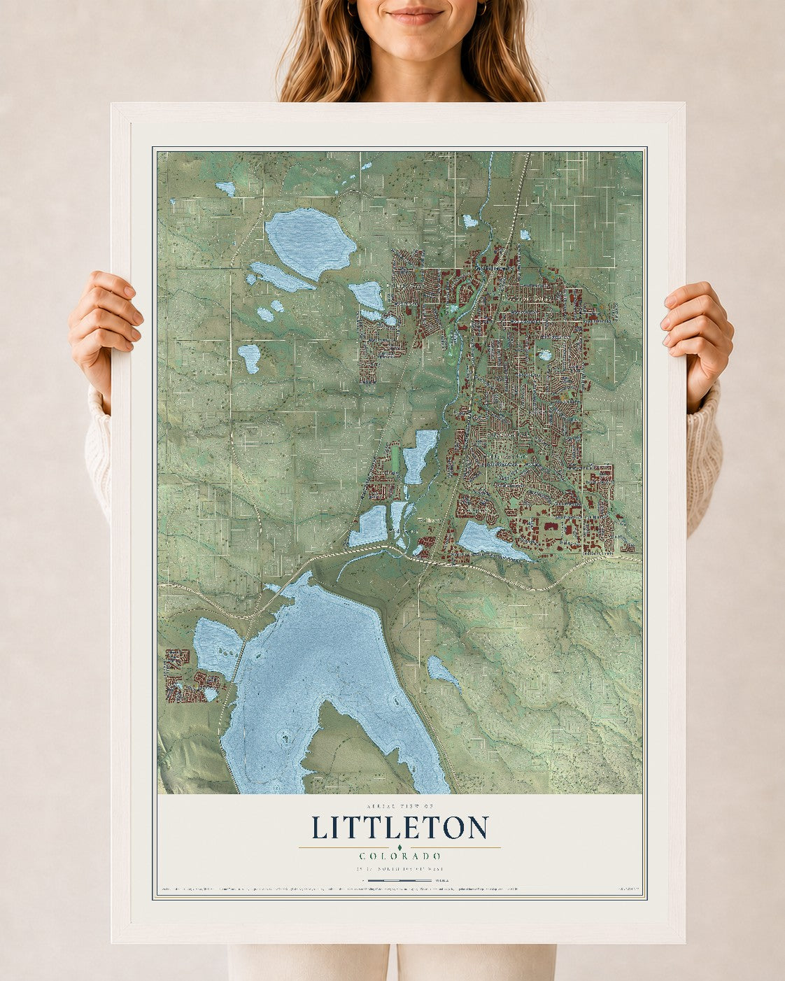Map of Littleton, Colorado, 24 x 36 inch print in a white wood frame