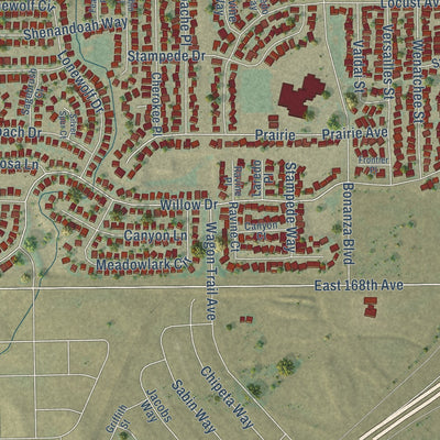 Close-up of the map of Lochbuie, Colorado print showing street and building detail